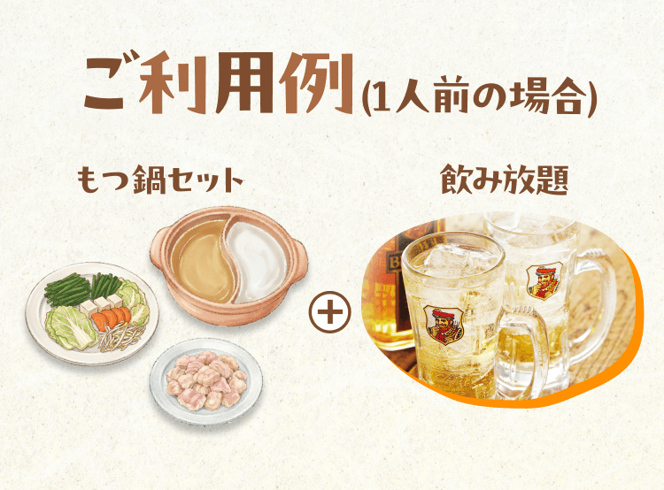 ご利用例(1人前の場合) もつ鍋セット＋飲み放題