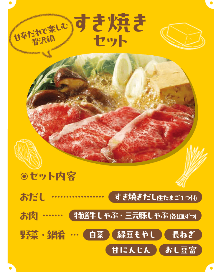 甘辛だれで楽しむ贅沢鍋 すき焼きセット[セット内容]おだし：すき焼きだし(生たまご１つ付)、お肉：特選牛しゃぶ・三元豚しゃぶ(各1皿ずつ)、野菜・鍋肴：白菜/緑豆もやし/長ねぎ/甘にんじん/おし豆富
