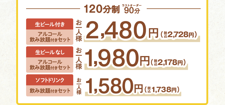 120分制ラストオーダー90分 生ビール付きアルコール飲み放題付きセット お一人様2,480円(税込2,728円) 生ビールなしアルコール飲み放題付きセット お一人様1,980円(税込2,178円) ソフトドリンク飲み放題付きセット お一人様1,580円(税込1,738円)