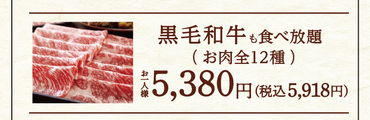 黒毛和牛も食べ放題(お肉全12種)/お一人様5,380円(税込5,918円)